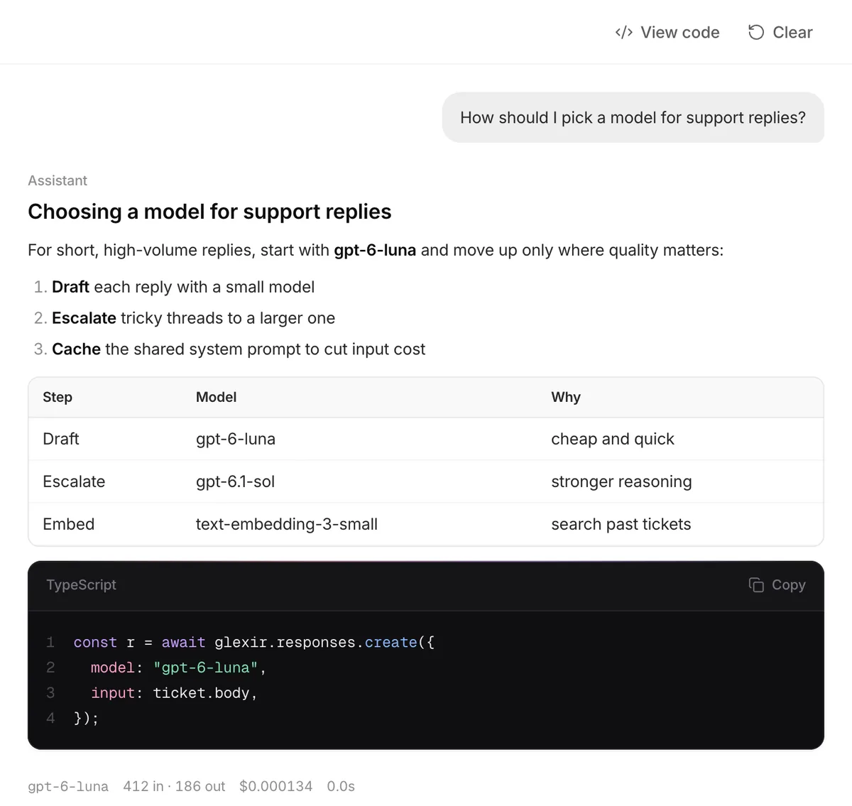 The Playground with an example reply rendered as Markdown: a heading, a numbered list, a table of models and a code block.